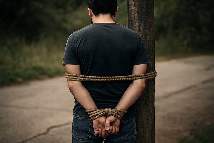 «Зачем к дочери приставал?»: в Красноярске мужчину привязали к столбу из-за подозрений в домогательствах  | В Красноярске родители заподозрили мужчину в домогательствах и привязали его к столбу