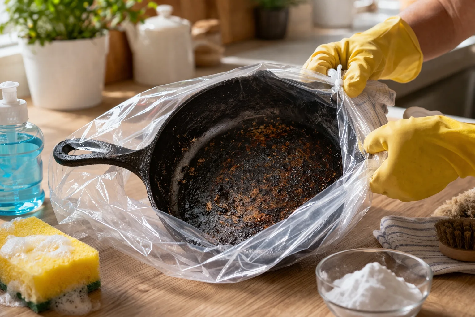 Сковорода снова как новая: копеечный способ убрать нагар без усилий — нужен только пакет и немного тепла