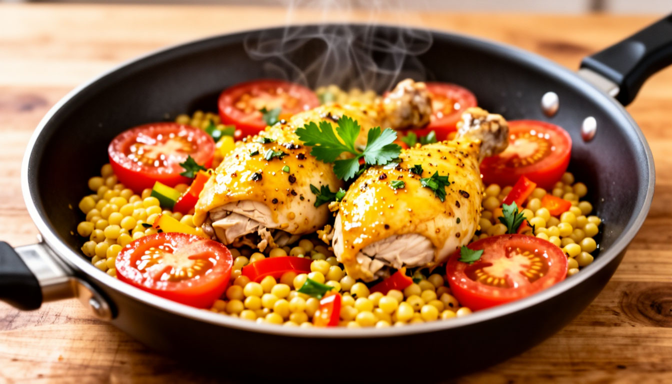 Быстрый ужин за 20 минут: курица с птитимом и овощами в одной сковороде - рецепт, который всегда выручает